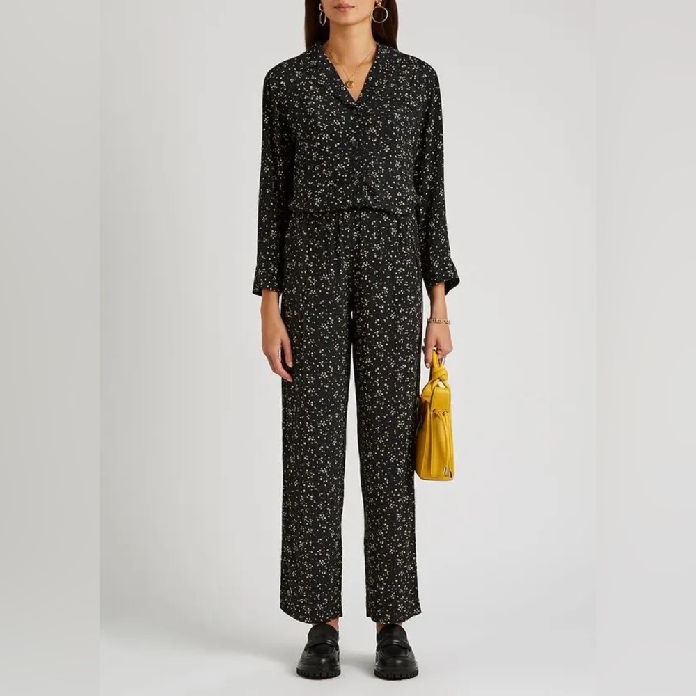 Ganni Satin Black Floral Button Down Shirt 4